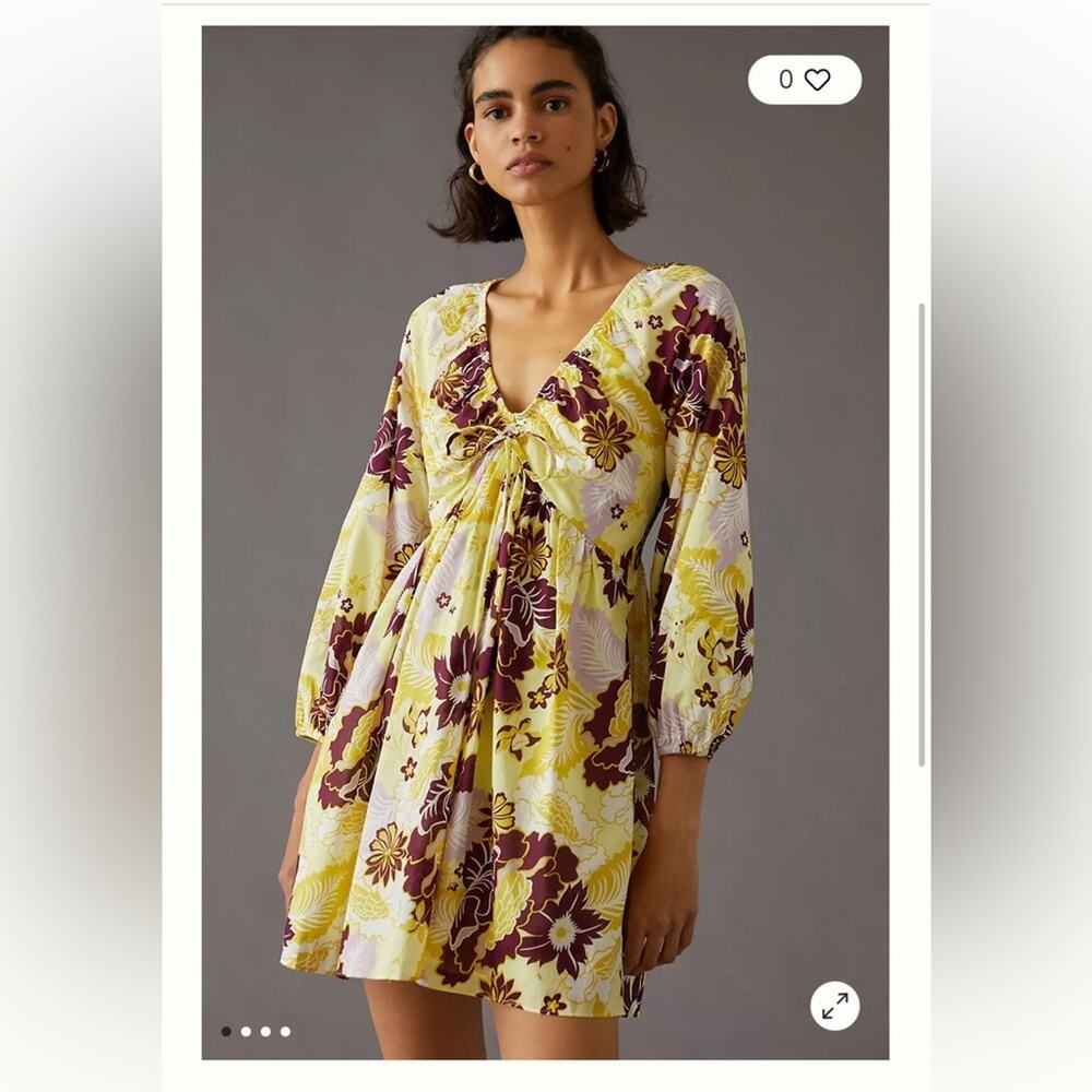 By Anthropologie V‎ Neck Yellow And Burgundy Floral Mini Dress Size Small - Picture 12 of 12